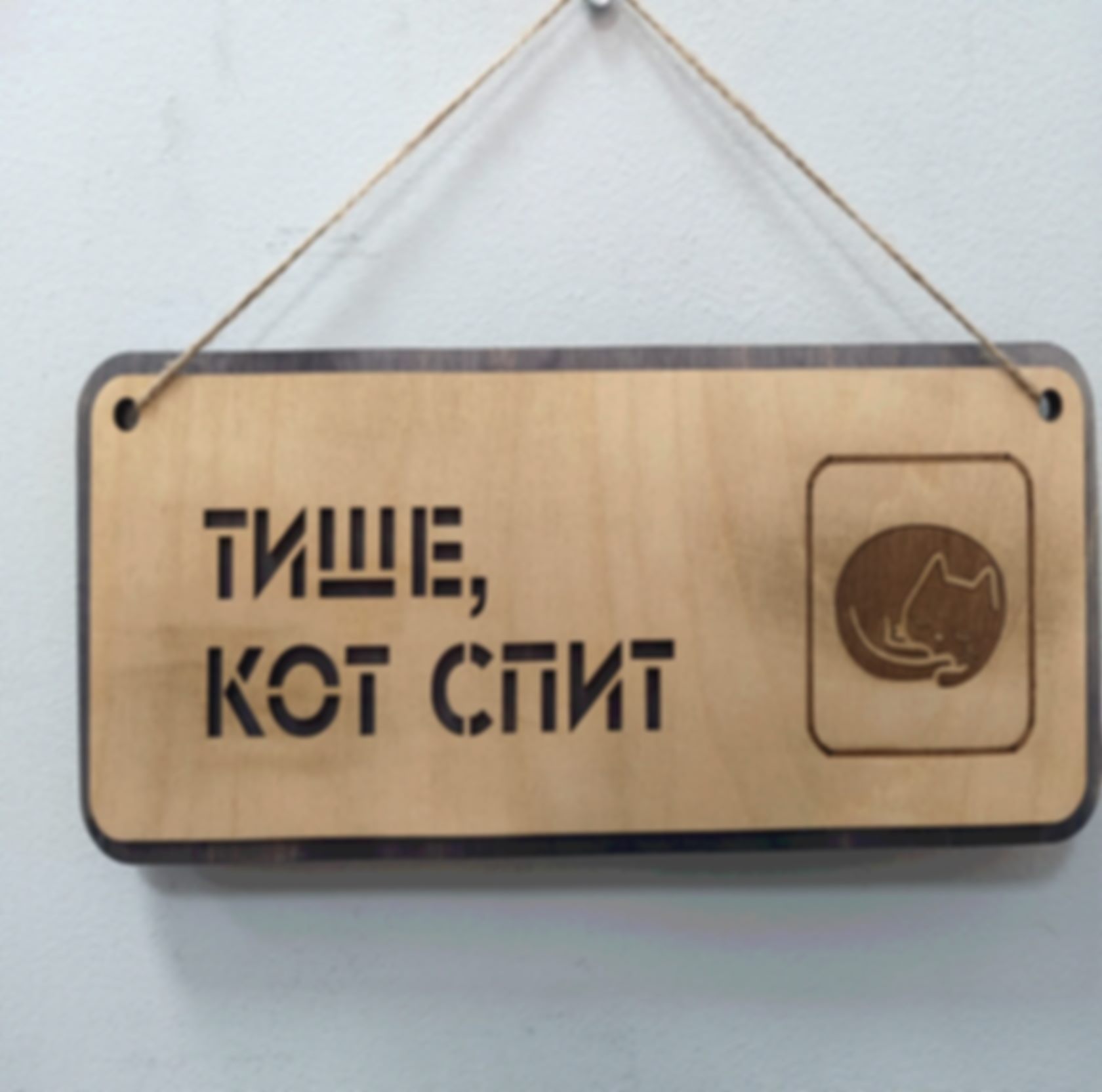 Табличка «Тише, кот спит» — изделие из дерева с гравировкой